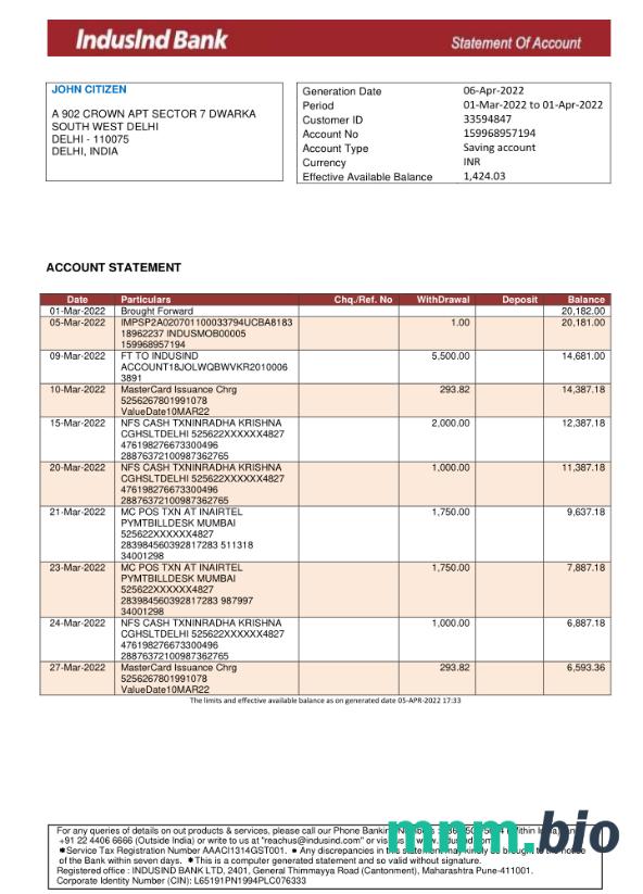 Indie Indian Overseas Bank statement template w formacie Word i PDF